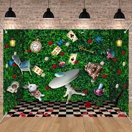 UMURILXY 7x5FT Wonderland Tea Party Backdrop, Enchanted Polyester Photography Background for Parties, Checkerboard Fairy Tale Photo Booth Prop Decorations