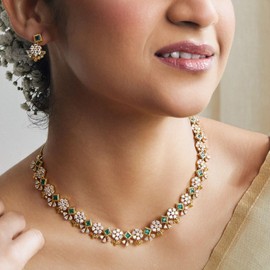 TARINIKA Antique Gold Plated Risay CZ Short Necklace Set with Sleek Floral Design - Indian Jewelry Sets for Women | Perfect for Ethnic Occasions | Classic Indian Necklace | 1 Year Warranty*