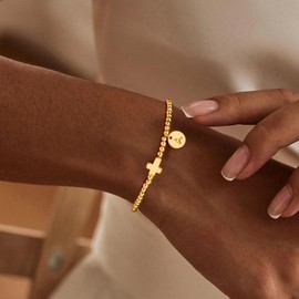 M MOOHAM Initial Bracelets for Women - Letter K Bracelets for Women Trendy Cross Bracelet Gold Plate Cute Tiny Beaded Initial Stretch Bracelet Dainty Small Jewelry