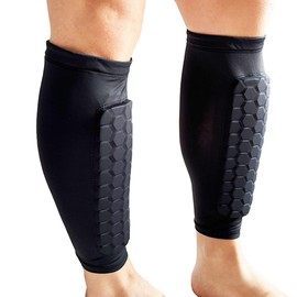 1 par, Espinilleras de fútbol, manga de compresión de pantorrilla con almohadillas para orejas de panal, equipo de protección de fútbol para orejas inferiores de pierna (Negro, XL)