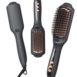 LANDOT Hair Straightener Brush Heated Straightening Brush: Negative Ion Hot Hair Brush for Smooth Frizz-Free Women Hair - Ceramic Flat Iron Brush - Dual Voltage Anti-Scald Fast Heating