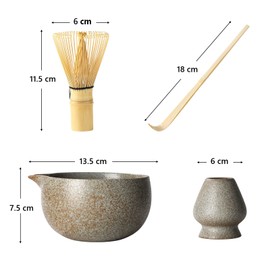 Single Mouth Matcha Bowl Set, Tea Utensils, Tea Utensils, Bowls, Chasen Whisk, Chasaku, Single Mouth Peach Shaped Round (White on Rock)