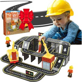 Magnetic Tiles Road, Christmas Toy Gifts for 3+ Year Old, STEM Magnet Building Blocks for Toddler, Montessori Educational Kids Toys - Includes Magnet Crane and 2 Magnetic Minifigures, Road Tracks