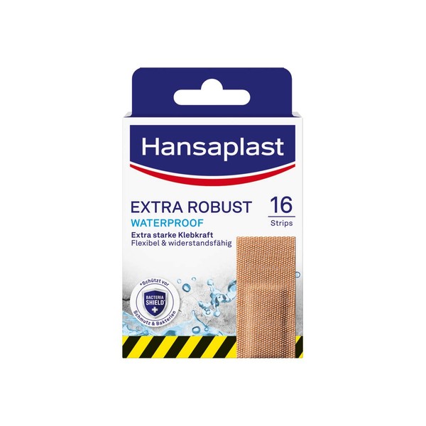 Hansaplast Extra Robust Waterproof Textile Plasters (16 Strips), Durable and Waterproof Plaster with Extra Strong Adhesion, Flexible and Breathable Wound Plasters