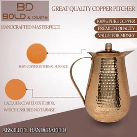 BOLD & DIVINE 2 Liter Copper Pitcher, Hand Hammered, Classic, Copper Color, With Lid