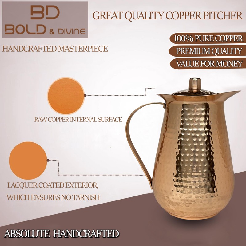 BOLD & DIVINE 2 Liter Copper Pitcher, Hand Hammered, Classic,
