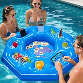 Lanathel Octagonal Inflatable Game Table with Waterproof Playing Cards, Inflatable Pool Bar Games for Adults, Floating Portable Bar Table Tray for Hot Tub or Pool Beach Party (Blue)