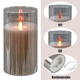 haitanghua Rechargeable Flameless Candles, Flickering LED Candles, Real Wax Candles with Remote and Timers, Glass Pillar Candles 3D Wick for Wedding Festival Home Decoration, 6" Candle Set of 2,Grey