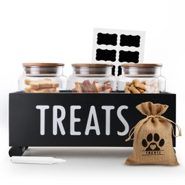 Furry Tails Co Dog Treat Container - Includes 3 Treat Jar, 1 Treat Bag, Wooden Pet Treat Container, Storage Basket For Pets, Dog Treat Station, with Reusable Sticker & Marker