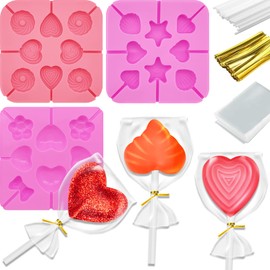303Piece Valentine's Day Silicone Molds Candy Molds Silicone Lollipop Molds Set Heart Sakura Bow Tie Lip Rose flower Star Candy Cane Molds Baking Molds with Lollipop Sticks,Treat Bags and Twist Ties