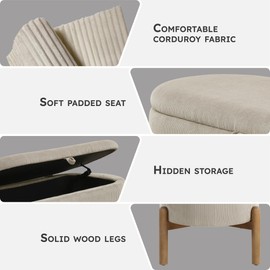 Lexicon Lift Top Storage Bench, Corduroy Upholstered Oval Entryway Bench with Solid Wood Leg Support, Modern Striped Storage Chest for Entryway/Living Room/Bedroom, Taupe