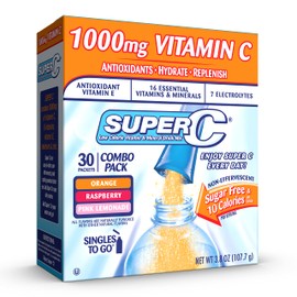 Super C Singles to Go Powder Packets, Water Drink Mix, Variety Pack, Orange, Raspberry & Pink Lemonade, On-The-Go, 30 Count