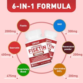 Suplemento de fisetina 2000mg para un envejecimiento saludable y longevidad, salud de la piel, cerebro, sin soja, vegetariano - 60 cápsulas blandas