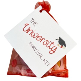 University Novelty Survival Kit | Student Novelty Keepsake Good Luck Gift | Thoughtful Keepsake in Red Organza Bag
