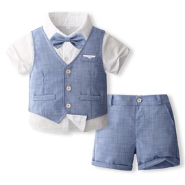 Volunboy Boys Formal Baby Suit Vest 4 Piece Set Short Sleeve Kids Formal Suit Children Ceremony Clothes Summer Wedding Birthday Performance Party 80-120cm, blue