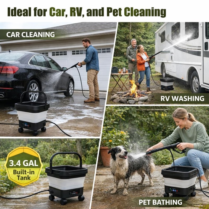 Portable Cordless Washer with 3.4Gal Tank, Foldable Design for Car