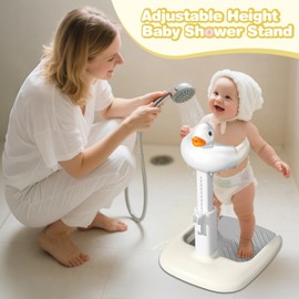 Baby Bath with Shower Stand Support - Adjustable Toddler Shower Tower with Anti-Pinch & Anti-Slip Design, Baby Bathtub Stand for Infants 6-36 Months, Ideal Gift for Newborns，Khaki