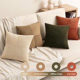 EMEMA Corduroy Cushion Cover, Set of 4, Patchwork Cushion Cover, 45 x 45 cm, Decorative Cushion Sofa Cushion, Corduroy Decorative Cushion for Sofa, Armchair, Home, Bedroom, Brown/Green Series