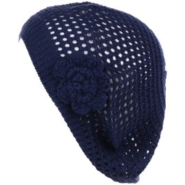 BYOS - Gorro de ganchillo para mujer, Red con flor-azul marino, Talla única
