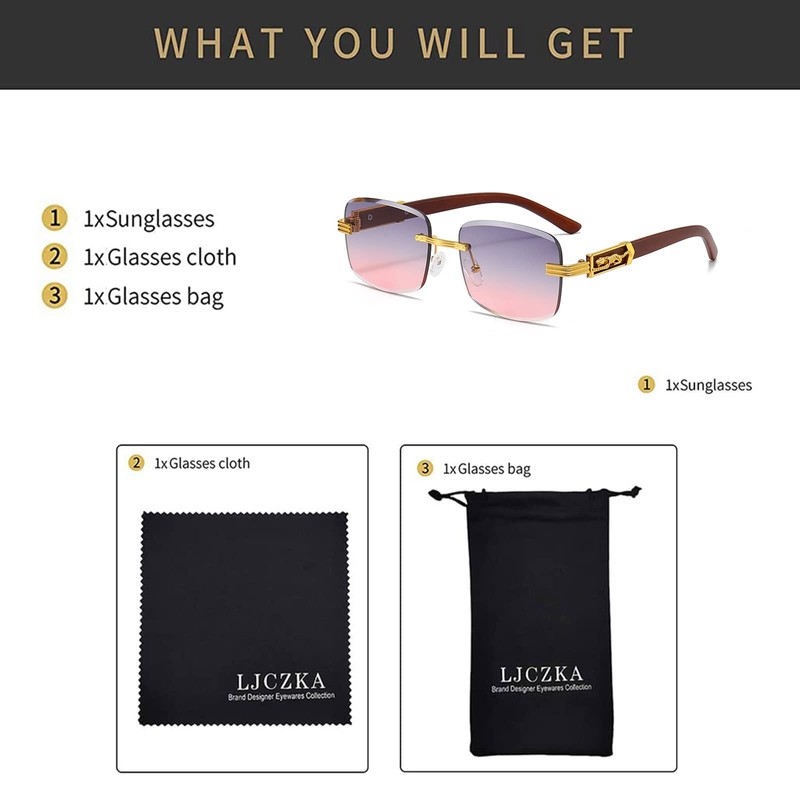 LJCZKA Vintage Rimless Rectangular Sunglasses Men Women Retro Small Square