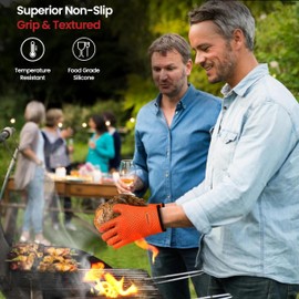 BASTENBBQ XL Silicone BBQ Gloves, Extreme Heat Resistant, Oven Gloves Perfect for Your Grill Fryer Smoker & Pit, Waterproof Baking Mitts for Cooking or Grilling, Bonus 2 Hangers