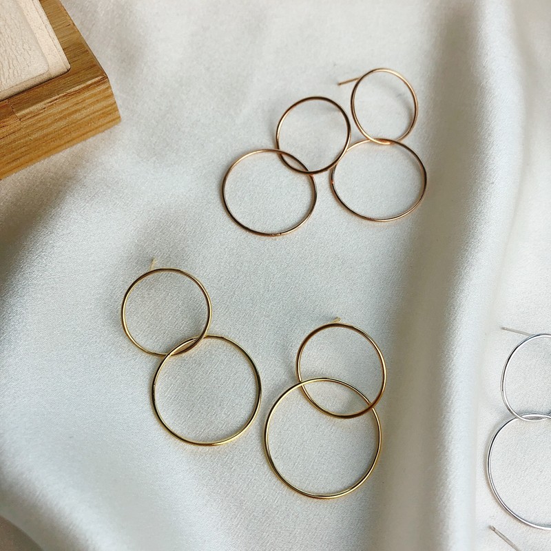 18k two-ring silver earrings drop ring earrings 3 colors double