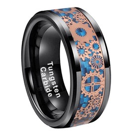 LUXUBANDS 8mm Gunmetal Tungsten Rings for Men Women Engagement Wedding Bands Steampunk Gear Blue Carbon Fiber Inlay Beveled Polished Comfort Fit Size 9