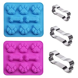 Set of 5, 2 Packs Silicone Molds Puppy Dog Paw & Bone Shaped 2 in 1 and 3 Packs Stainless Steel Bone Cookie Cutter,for Homemade Treats and Cat Animal Paw Ice Candy Chocolate Baking Mold