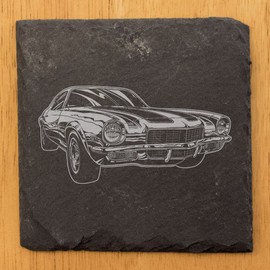 Rustic Slate Coasters Set | Laser-Etched 1970's Camaro Image | Vintage Car Drink Mats - Square Slate - set of 4