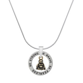 Delight Jewelry Goldtone Mini Buddha - Silvertone Be Strong Be Brave Be Fearless Message Ring Necklace, 18"