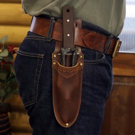 Tourbon Leather Garden Pruning Shears Folding Saw Double Holster Gardening Soil Knife Sheath Pouch Multipurpose Tool Holder for Belt, Brown