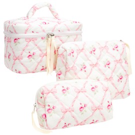 PAZIMIIK 3PCS Makeup Bag SET Large Travel Quilted Zipper Soft Cosmetic Case Pouch for Women Girls Make Up,Bow Rose