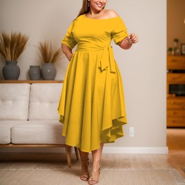 WUSENST Women's Plus Size Semi Formal A-line Midi Dress Sexy Off Shoulder Flowy Hem Elegant Party Wedding Guest Dresses Yellow