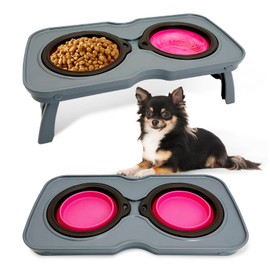 PINVNBY Elevated Dog Bowls Portable Raised Dog Bowl Stand with 2 Collapsible Silicone Dog Food Bowls Non-Slip Travel Dog Bowls for Small Dogs and Cats (14.6" L x 3.9" W x 3.9" H)