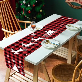 Table Runner Christmas Red, FUKPO Linen Christmas Table Runner Winter Christmas Runner Table Decoration Christmas Table Runner with Christmas Tree Santa Claus Snowflake Reindeer Star Pattern