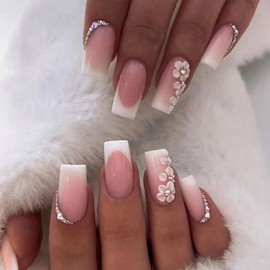 White French Tip Press on Nails Medium Square Fake Nails Ombre Acrylic Nails Press ons with Flower Rhinestones White Nail Tips Full Cover Artificial Cute Glue on Nails for Women Girls 24Pcs