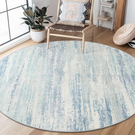 MUJOO Round Rugs 5ft,Circle Area Rug Washable,Circular Rugs for Living Room Dining Room,Modern Abstract Non Slip Throw Carpet Accent Neutral Blue