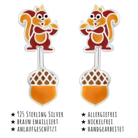 Monkimau Girls' Earrings Squirrel Nut Double Stud Earrings 925 Sterling Silver Real Silver with Enamel, Sterling Silver