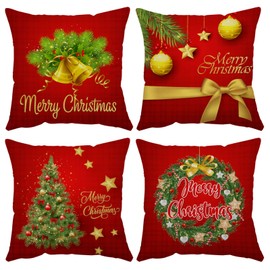 Merry Christmas Pillow Covers 24x24 Set of 4 Velvet Christmas Pillow Cases Red Green Xmas Winter Holiday Throw Pillow Covers Christmas Tree Cushion Covers for Outdoor Home Bed Sofa Couch(24 Inch)