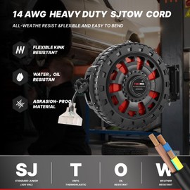 75FT Retractable Extension Cord Reel, 14AWG/3C SJTOW Heavy Duty Power Cord with Lighted Triple Tap Outlet, 13AMP, Swivel Removable Bracket for Wall/Ceiling Mount, UL Listed