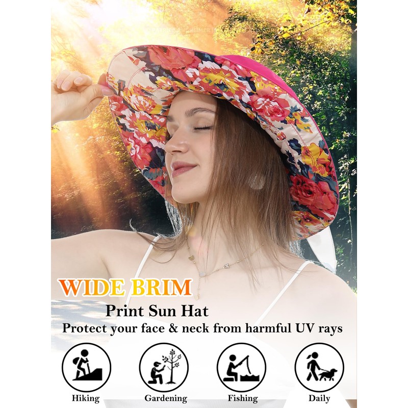 Women Floral Print Summer Sun Hat Ultra Wide Brim Wired
