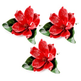 AuldHome Magnolia Floral Picks (3-Pack, Red); Artificial Magnolia Greenery Flowers for Christmas and Seasonal Decor