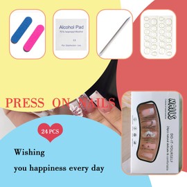 3D Flower Press on Nails Medium Coffin Fake Nails with Floral Design White French Tip False Nails Glitter Pink Valentines Nails Medium Long Acrylic Glue on Nails Spring Stick on Nails for Women 24Pcs