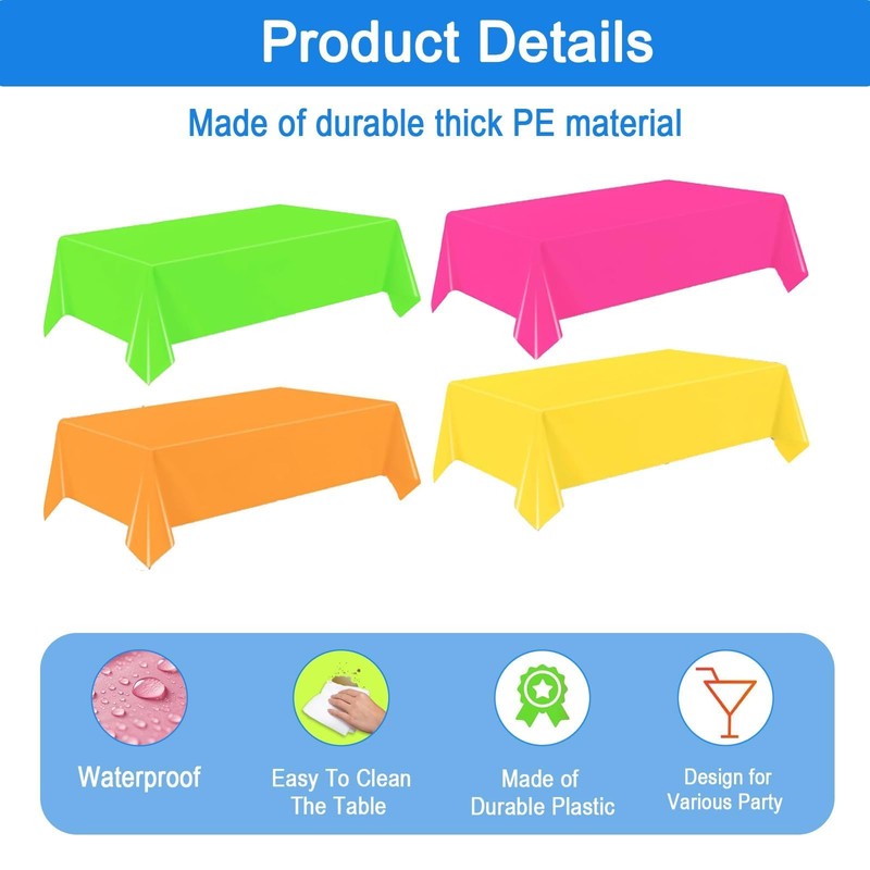 4 Pack Neon Table Cloths Table Cover for Glow Neon