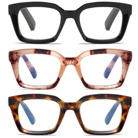 ZXYOO 3 Pack Oversize Square Design Reading Glasses for Women, Blue Light Blocking Computer Reader（Black & Pink & Leopard+1.50）