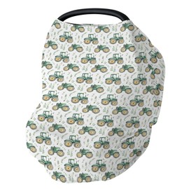 Watercolor Green Tractors Baby Car Seat Covers Farm Tractors Boho Leaves Stretchy 5-in-1 Cover Adjustable Car Canopy Breastfeeding Cover Farm Life Breathable Nursing Cover-Up