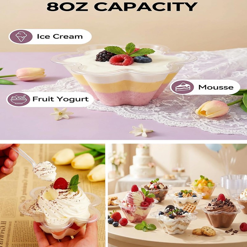 Rowcay Clear Ice Cream Cups with Spoons, 50 Pack, 8