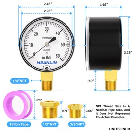 MEANLIN MEASURE 0-60 in H2O Diaphragm Type Capsule Low Pressure Gauge 1/4" NPT 2-1/4" FACE DIAL Adjustable Water Column Gauge, with 1/4" x 1/2" NPT and 1/4" x 3/8" NPT Hex Bushing, Lower Mount