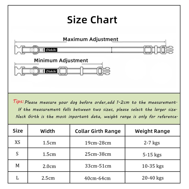 Olahibi Basic Dog Collar, Soft and Durable Polyester Material, Adjustable