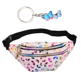 Shengxi Fashion Bum Bag Girls Belt Bag Glitter with Butterfly Print Waterproof PU Leather Waist Bag with Butterfly Key Ring Shoulder Bags Women for Hiking, pink, Fashion